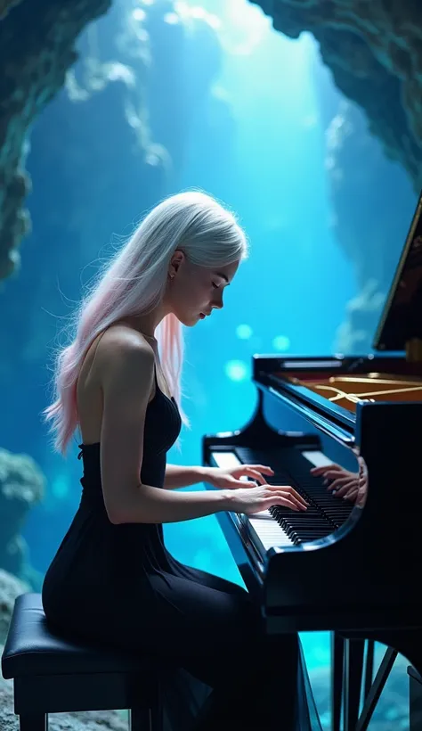 Create a highly detailed, photorealistic image of a beautiful young woman in her late teens, playing a grand piano inside the Blue Grotto. She is dressed in an elegant black dress, her long platinum hair with pink tips cascading down her back as she gracef...