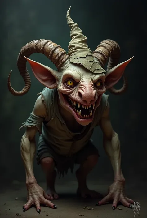 Goblin with a bad face, hat and ram&#39;s horns 