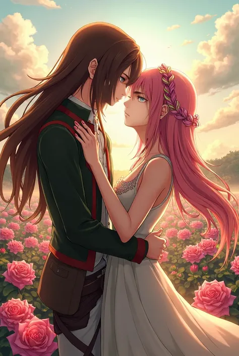 Boy with long brown hair, sharp look, Defined features, high, green eyes, Eren Jaeger, Shineki no kyojin, girl with pink and green hair in braids, Demon Slayer, Mitsuri Kanroji, man hugging woman, landscape of roses, elegant romance, Japanese anime type 