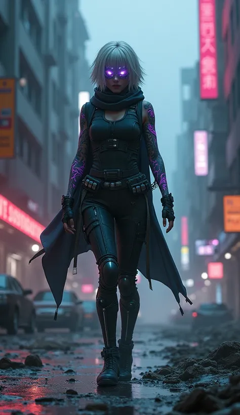 A teenage girl with short, platinum blonde hair and glowing violet eyes, her face partially concealed by a high-tech visor with holographic projections. She wears a dark, futuristic bodysuit with sleek, streamlined cybernetic enhancements on her legs, allo...