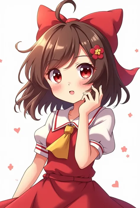 Anime art style, enchanting masterpiece, visual novel character sprite inspired by Konosuba aesthetics, delightful brown hair framing a cheerful face, large expressive red eyes sparkling with mischief, styled in an exaggerated yet adorable manner, cute wom...