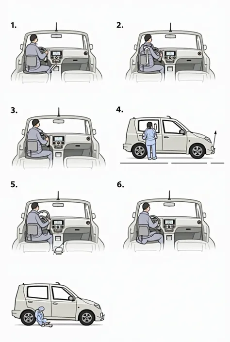 make a drawing story board about "steps on how to drive a car" 6 steps, inside the car