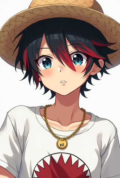 An anime style boy,with messy black hair with lots of red streaks covering his eyes, a straw hat,a white shirt with a shark&#39;s teeth drawn on it,and a gold chain with the words EZ written on it.