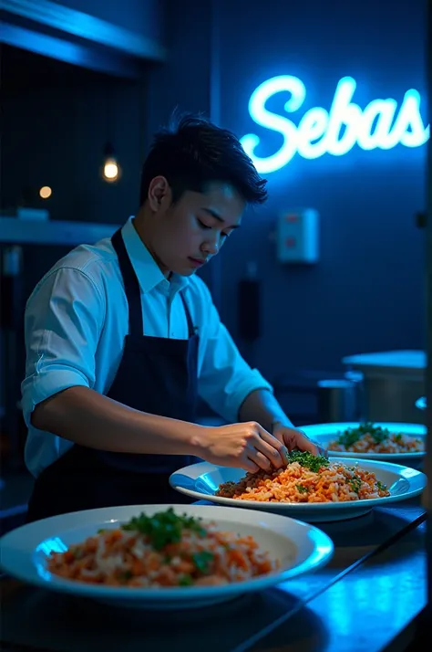 Una persona joven vendiendo ceviche de pescado 🐟 
Cevicheria "sebas"
Black background with phosphorescent blue 