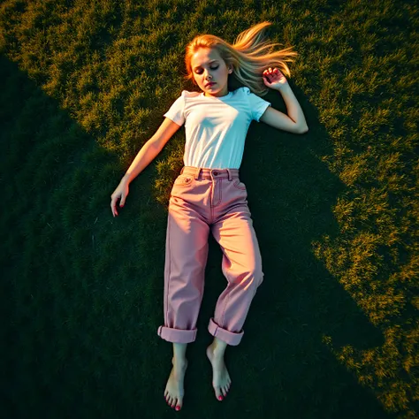 Overhead shot: A blonde girl is lying face-down on a green lawn, dressed in a white T-shirt and pink pants, with a teal and orange color grading. Realistic photography style with high resolution. The teal grass contrasts against the warm orange tones of th...