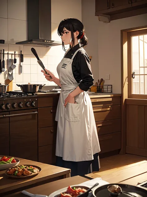 1 woman wearing chef clothes and an apron, standing cooking in front of the stove, detailed face and eyes, professional chef, chef uniform, cooking utensils, kitchen interior, warm lighting, photorealistic, 8k, high quality, cinematic, dramatic lighting