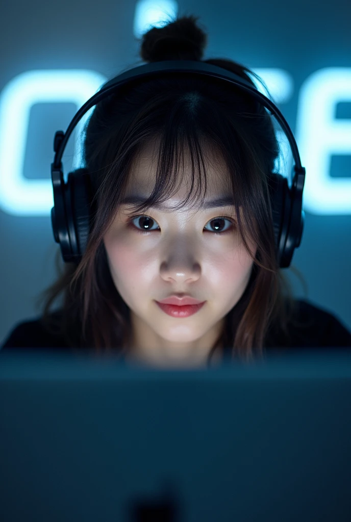 A beautiful korean woman gamer sitting front of computer and looking in computer (face cam image of her from front) with background text "EDGE"