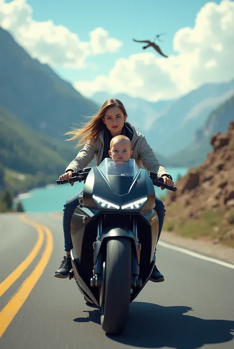 A woman riding super bike(brand Aryathon ) as well as a baby with her on front , thrilled image background is mountain and wide road and river aside with birds and clouds in air