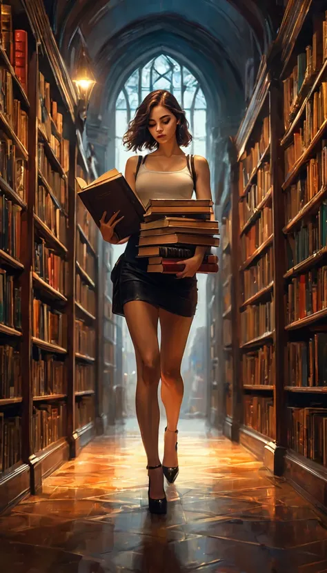 a sexy girl, girl carrying heavy books, large library, (art inspired by Bill Sienkiewicz),(oil painting),(best quality,4k,8k,highres,masterpiece:1.2),ultra-detailed,(realistic,photorealistic,photo-realistic:1.37),dramatic lighting,warm color palette,vibran...