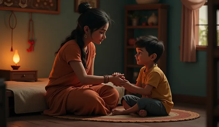 Inside a small, dimly lit rural house, Rohits mother sits beside him on a wooden cot. She holds his hand and looks at him with warmth and compassion, offering him words of encouragement. Rohit looks up at her, his face showing hope starting to bloom again....