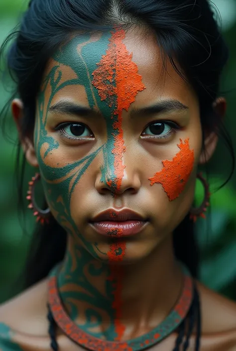 Create an image in which half of the face is a man and the other a woman, representing the young Shuar people.