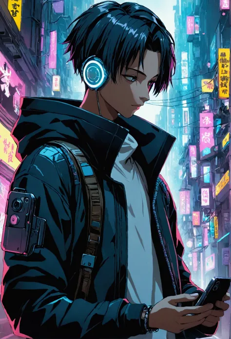 A boy looking phone smart phone anime photo cyberpunk