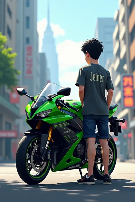 Boy looking at his Kawasaki sports bike parked vertically in the city with his back turned wearing a t-shirt with the name Jeiner
