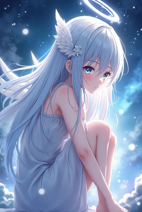 Angel Halo,One girl, High resolution, Long Hair, Best Quality, Silver Hair, Stars in my eyes, profile,Crouching,キャラのprofile, Anime Style, Sparkle Effect, 4 angel wings,background(Fantastic Star)Feather hair accessories, Angel Halo, Realistic illustrations,...