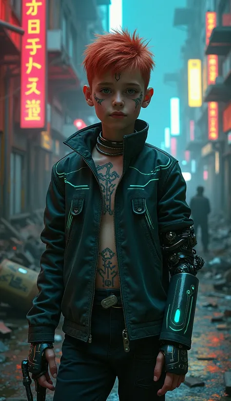 A young boy, around 13, with ((short spiked red hair)), his skin pale, and ((blue circuitry tattoos)) running across his arms and face. His cybernetic costume consists of a ((dark, worn leather jacket)) with ((glowing green lines)) and a ((mechanical arm))...