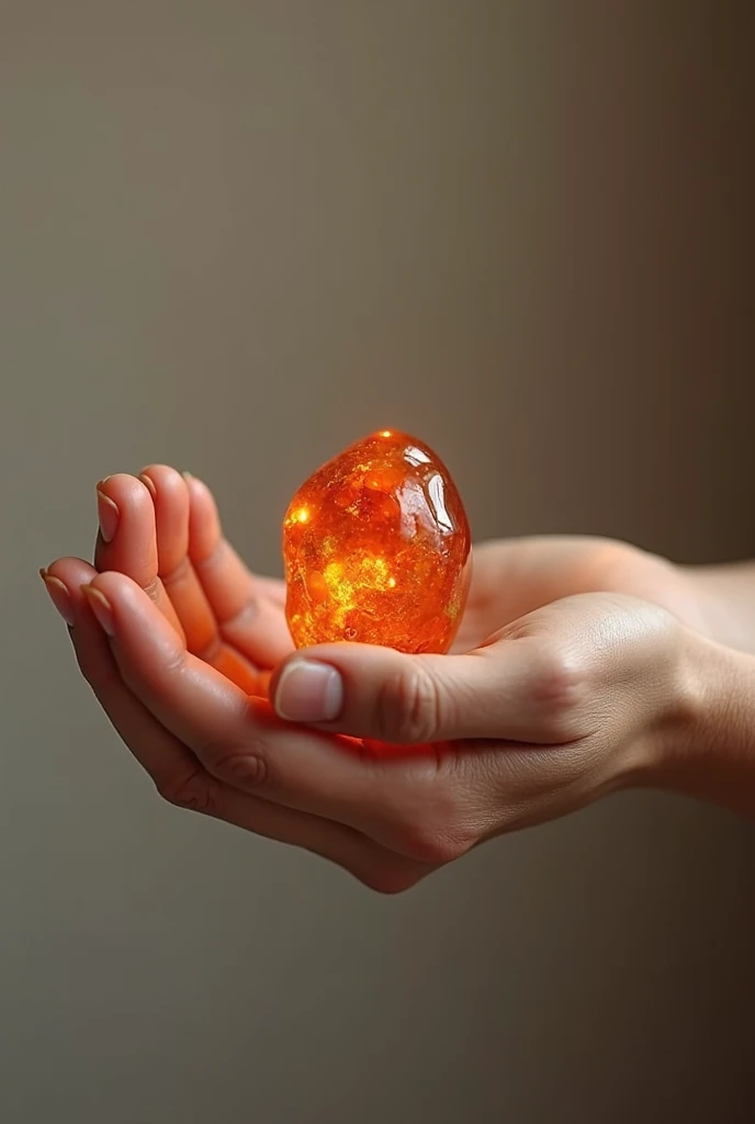 A hand giving a red amber nugget to another hand 