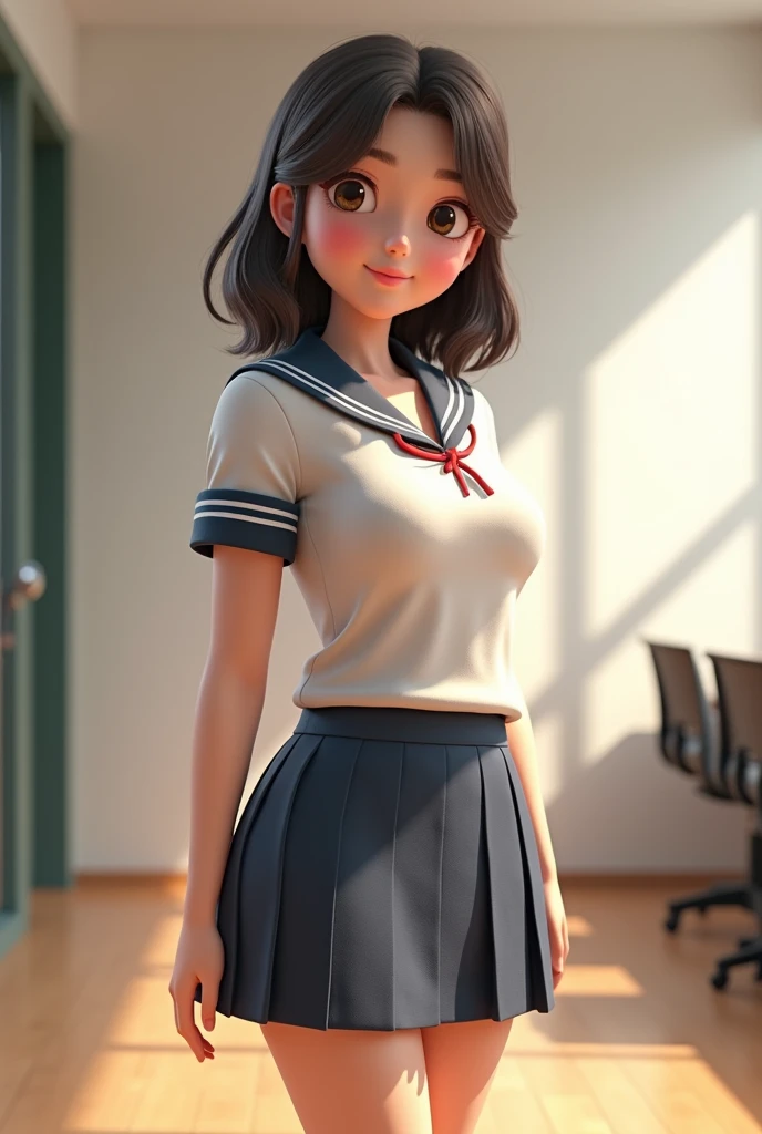 A female student council president that is simple with big boobs. Wearing a casual school uniform. She pretty and cute. She also blushing looking at me. 3d