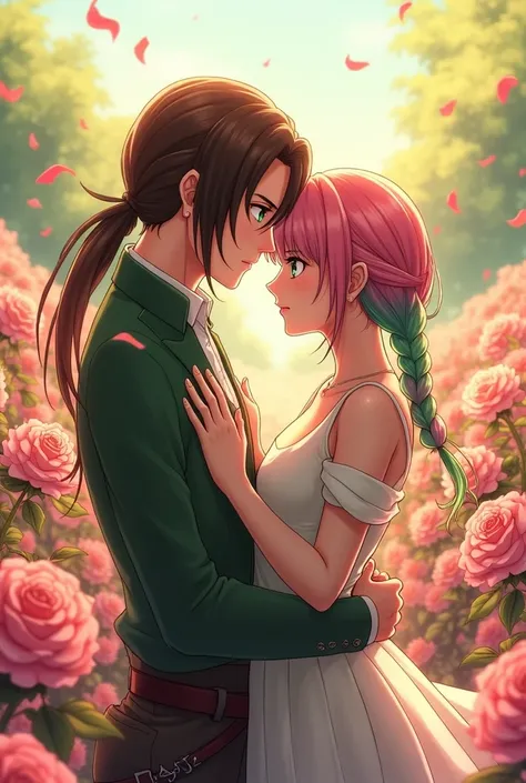 Man with long brown hair tied up, sharp look, Defined features, high, green eyes, Eren Jaeger, Shineki no kyojin, woman with pink and green two-tone hair in braids, Demon Slayer, Mitsuri Kanroji, tender look, man hugging woman, landscape of roses, elegant ...