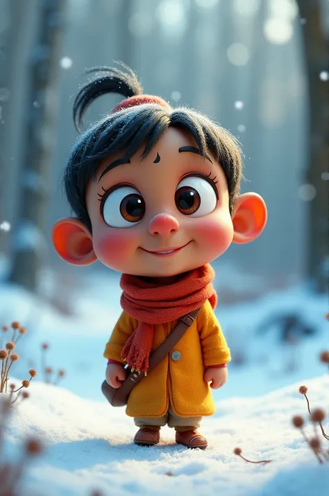 Make an Indian Animated character with big eyes and bulgy noes with a cold background 