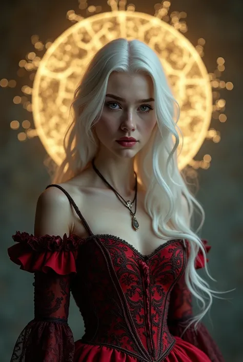 a beautiful young witch with white hair and white skin, silver eyes shining. She is modeled after Lea Seydoux., wearing the red and black aristocratic dress of French aristocrats, surrounded by a yellow halo. Makes her mysterious and powerful like a god