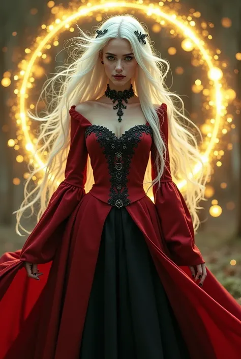 a beautiful young witch with white hair and white skin, silver eyes shining. She wore the red and black aristocratic dress of French nobility., surrounded by a yellow halo. Makes her mysterious and powerful like a god