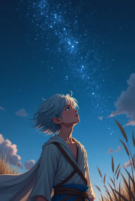 Young man looking up at the starry sky。Silver Hair、Sunburned Skin。Although he is a prince、Dressed as a villager。
Hair blowing in the wind、Short hair that covers the eyes。A taste somewhere between anime and illustration。