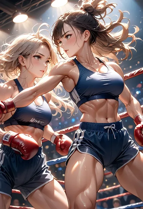 long shot, masterpiece, best quality, 8k, highres, ultra-detailed, studio lighting, ultra-fine painting, sharp focus, bokeh, portraits,BREAK,2girl,bodybuilding shorts, sexy body, boxing match, clinch, Realistic depiction, speed lines, waving hair,boxing ri...