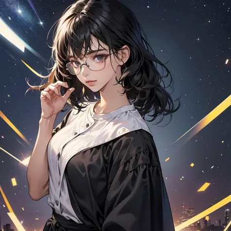 a beautiful girl with smooth tan skin, with short black curly hair with bangs, black eyes with square glasses, on a background with night sky, wearing a black oversized shirt.