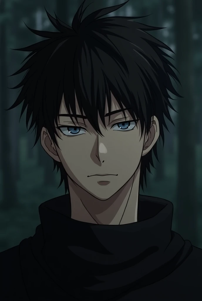 A close-up portrait of a young Caucasian man with  dark hair wearing a black top against a blurred dark background Anime