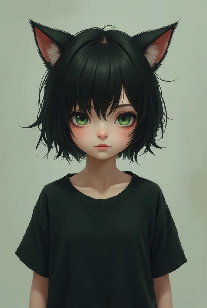 A girl with short black hair and cat ears, light skin, green eyes, with a slightly scared face, Black T-shirt