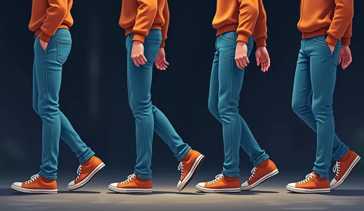 Pixar Disney drawing of four scenes showing the movement of a man walking, men&#39;s shoes, jeans, at night, showing only your feet 