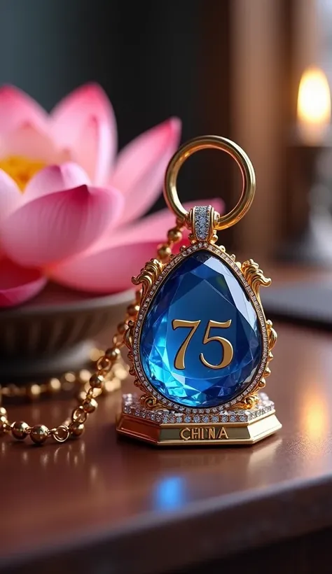 A captivating 3D rendering of a luxurious blood-blue crystal keychain, featuring the letter 75 and adorned with vibrant, precision-cut details. The keychain exudes refinement and sophistication, with gold-colored accents enhancing its elegance. The name "C...