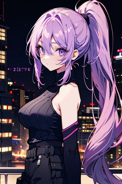 1 girl、Mature、Ample breasts、Long Hair、Long eyelashes、Neutral facial features、cool、ponytail、Navy, pink and purple hair、turtleneck、Sleeveless、Cargo pants、cool、Sniper、Night view、rooftop、Aim for the target