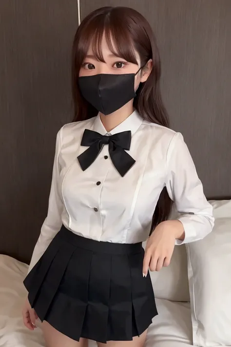 Gravure idol pose　Hotel　bed　uniform　White shirt　High image quality　Not too small bust　Black Mini Skirt　Shorten your skirt 　Beautiful legs　Beautiful Hair　Height: 160cm　mask