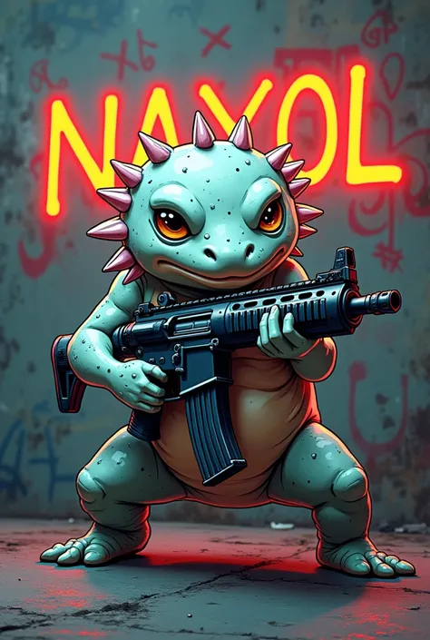 Axolotl determiné avec une arme a feu avec ecris Naxol sur un mur en tag (photo de profile) decord lumineux style manga et laxolotl paret gentil

