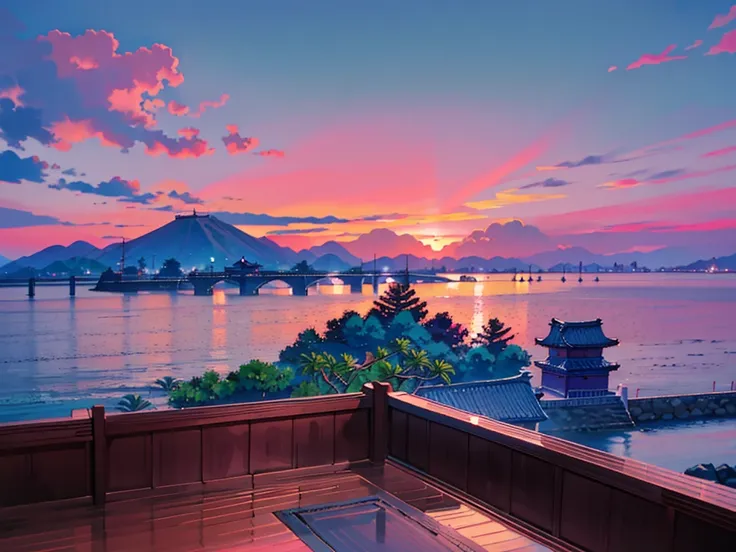 1990s Japanese landscapes for anime backgrounds、Scenery of a beach. sundown. pink sky. The sea, mountains, skyline in the background. Palm Trees. Summer Vibes. A touch like an old photograph. Only Background. No People. Relaxed Scenery, Japanese anime、Pain...