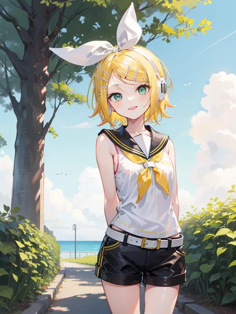 The best quality, ultra precision, A girl, (Kagamine_Also), green eyes, beautiful, short hair, white hair band, hair pins, headphones, blonde hair, Sailor uniform, black shorts, belt, yellow handkerchief, sleeveless, smile, high school student, your older ...