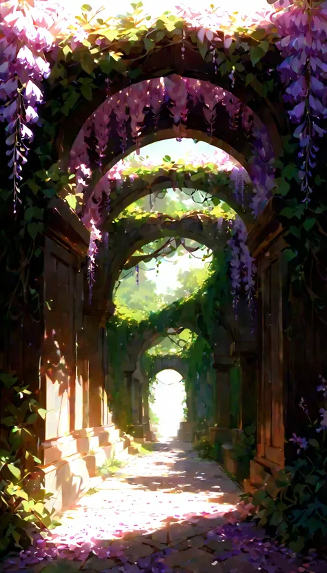 A vibrant, cascading wall of wisteria flowers in full bloom, with delicate purple, pink, and white blossoms hanging in clusters. The scene is set during a peaceful afternoon, where the sunlight filters through the petals, creating a magical glow. The vines...