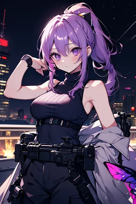 1 girl、Mature、Ample breasts、Long Hair、Long eyelashes、Neutral facial features、cool、ponytail、Navy, pink and purple hair、turtleneck、Sleeveless、Cargo pants、cool、Sniper、Night view、rooftop、Aim for the target、butterfly、Pointing a Gun