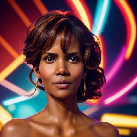 halle berry, exquisite detailed facial features, high cheekbones, full lips, long lashes, glamorous hairstyle, flawless skin, elegant pose, dramatic lighting, cinematic camera angle, high fashion editorial, editorial style, vibrant colors, glossy, masterpi...