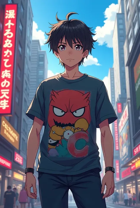 The hero wears an anime T-shirt.

