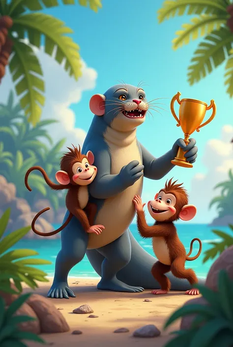 Two monkeys and a seal with a trophy 