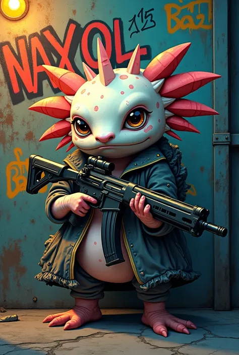 Axolotl avec une arme a feu avec ecris Naxol sur un mur en tag (photo de profile) decord lumineux style manga et laxolotlest concentré

