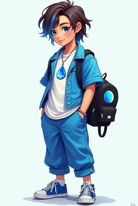 appearance:
A teenager with a mesomorphic complexion and light skin, light blue and dark blue eyes.

hairstyle:
Medium brown hair with blue and silver highlights.

outfit:
A white t-shirt with a drop design with the word "night" in blue, a short-sleeved bl...