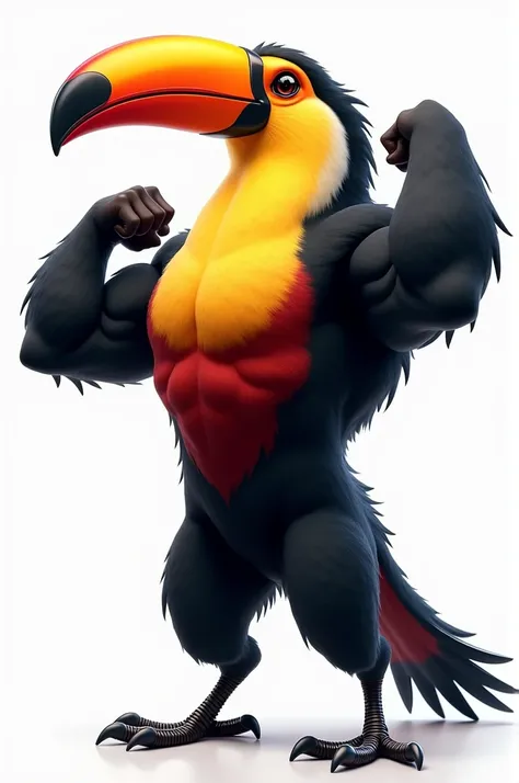 Create a strong muscular  toucan bird flexing muscles with white background 