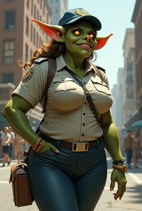 Busty female goblin wearing mail carrier uniform 