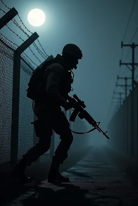 A soldier crossing border fence in night sneakingly