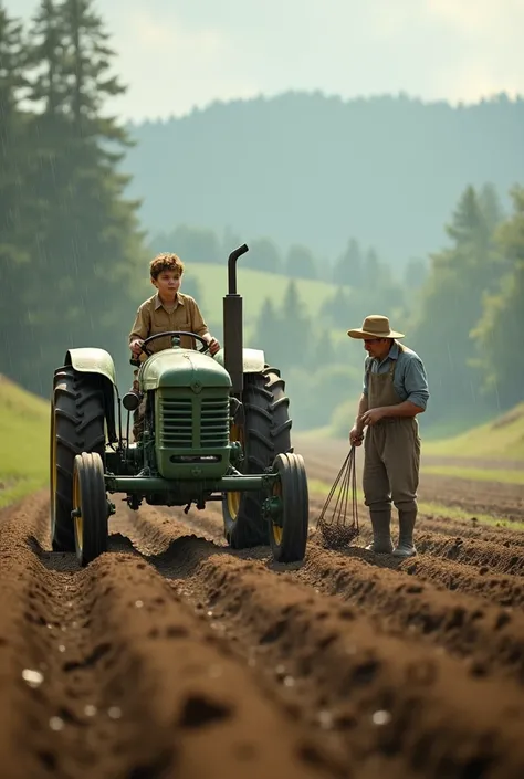 A boy is plowing the field with a tractor and his father is throwing seeds in the field and it is also raining lightly.