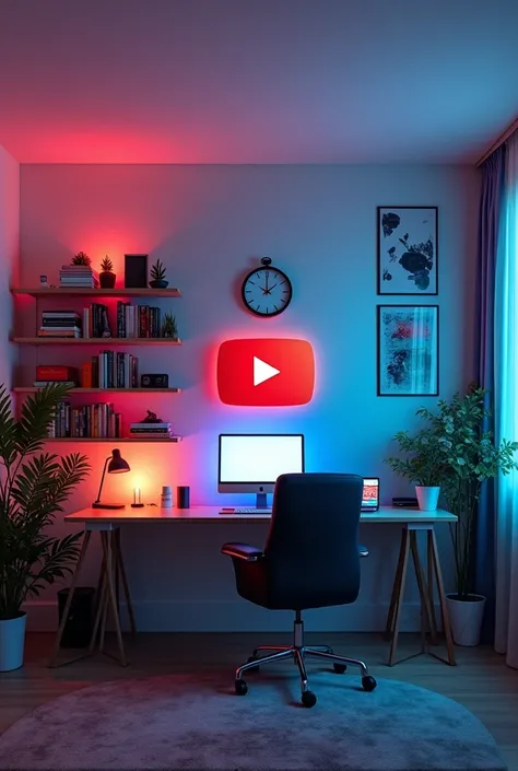 Design a beautiful looking wall for a youtube video that has a good RGB light setup it has a nice book shelves with some books and a clock on the wall and with a youtube play button on one of the book shelves and some tech gadgets on the shelves