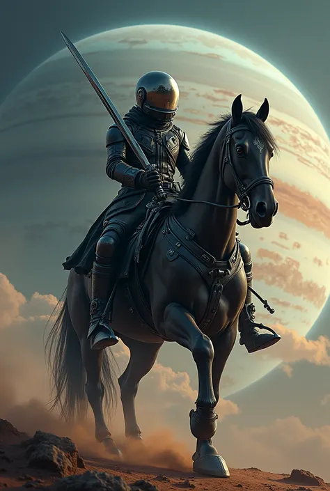 Zorro with his black horse in space. Zorro with oxygen breathing apparatus. The horse with the astronaut helmet. Zorro&#39;s Laser Sword. Horse with jet skates. The planet Jupiter in the background